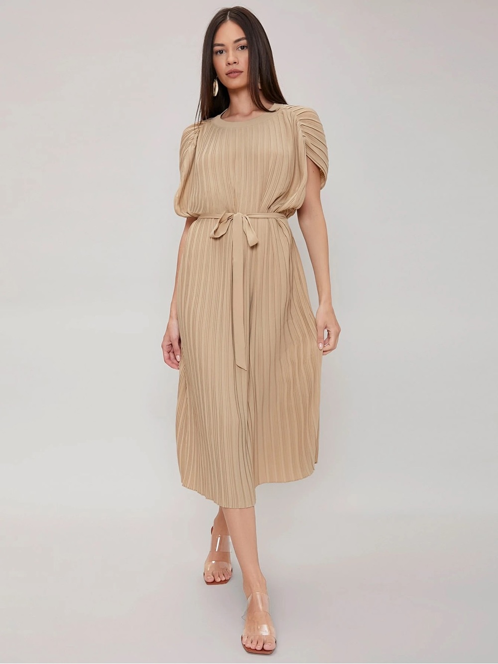 Motf Midi Pleated Dress Size XL Belt Khaki  Beige